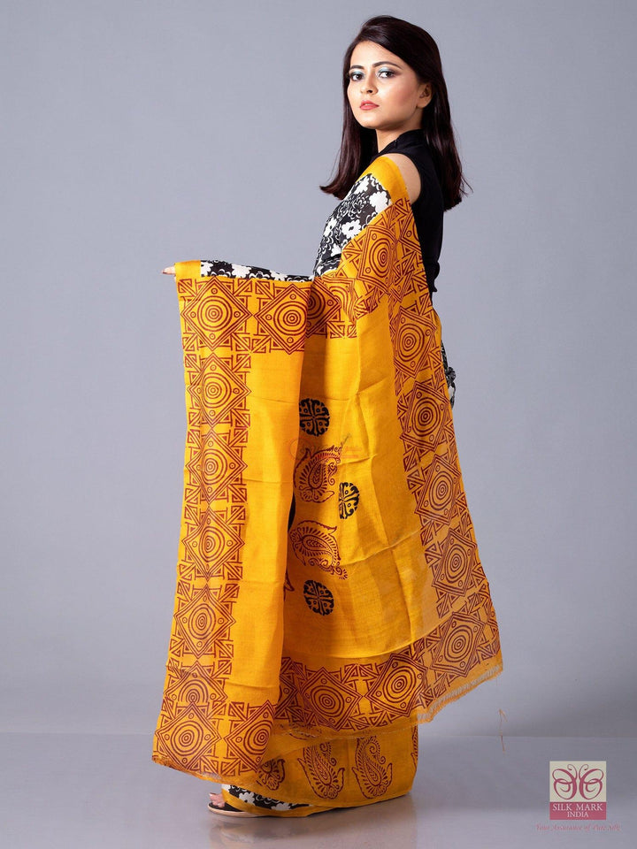 Half Half Block Printed Murshidabad Silk Saree - WeaversIndia