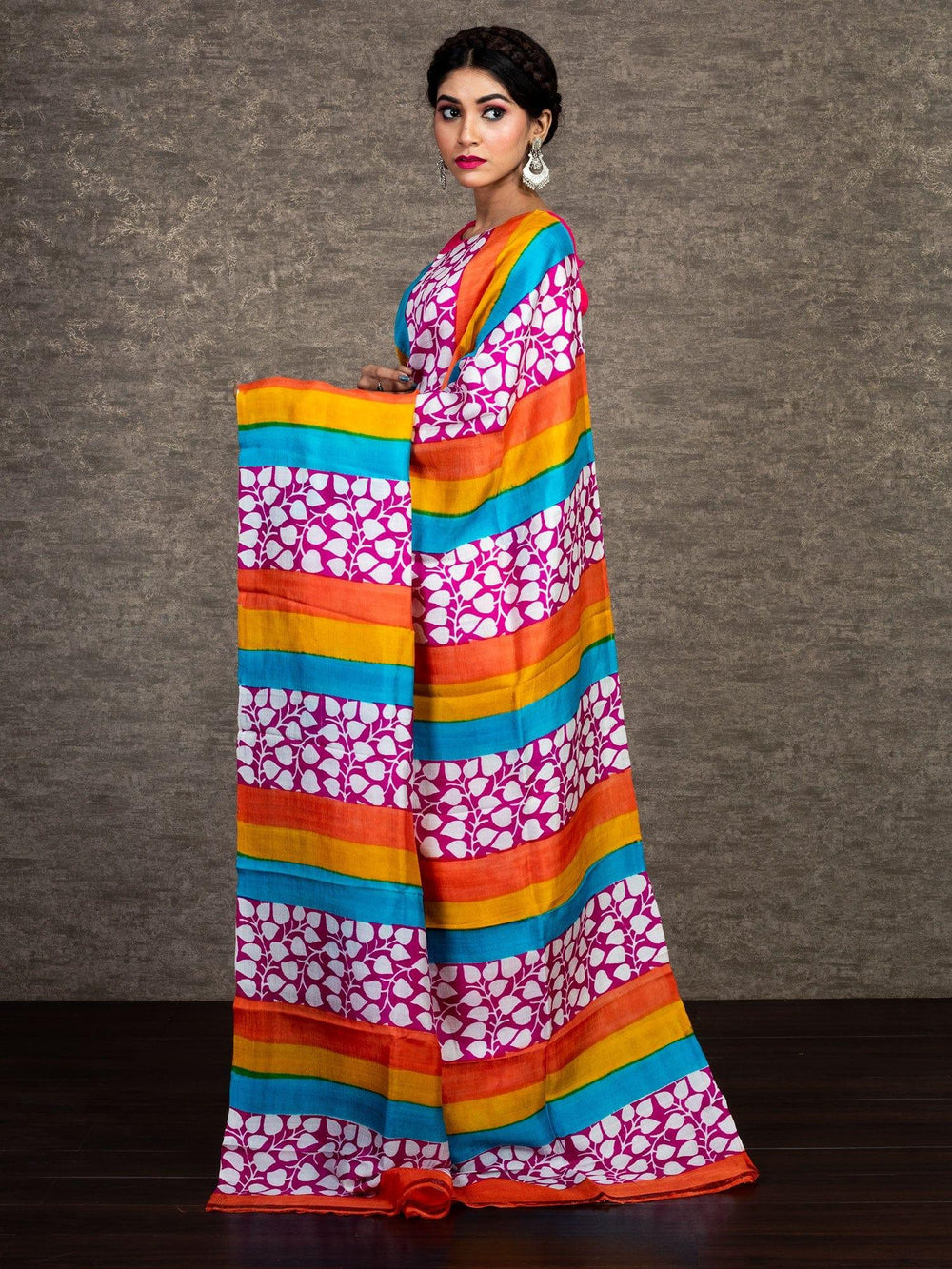Half Half Block Printed Murshidabad Silk Saree - WeaversIndia