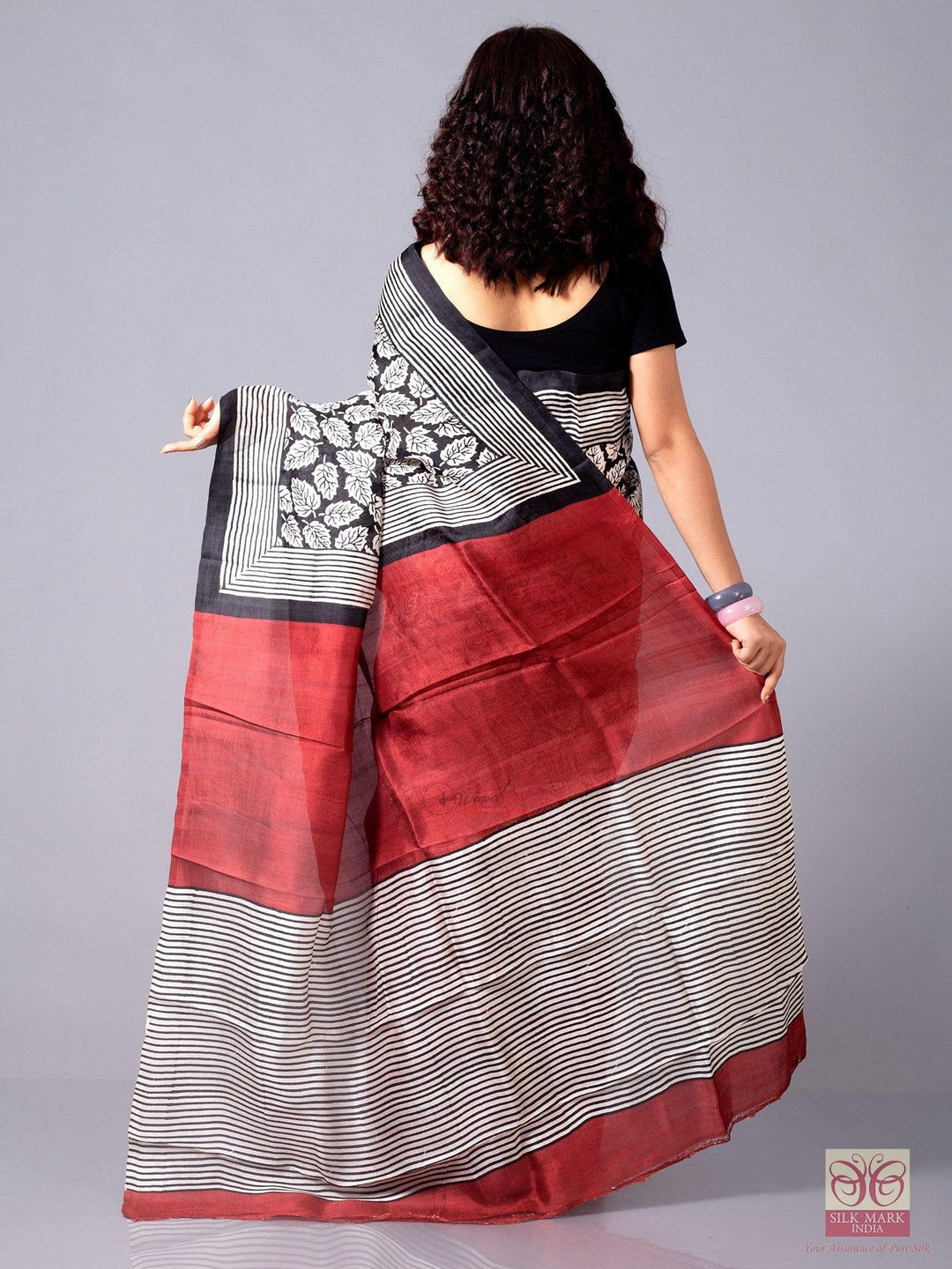 Half Half Block Printed Murshidabad Silk Saree - WeaversIndia