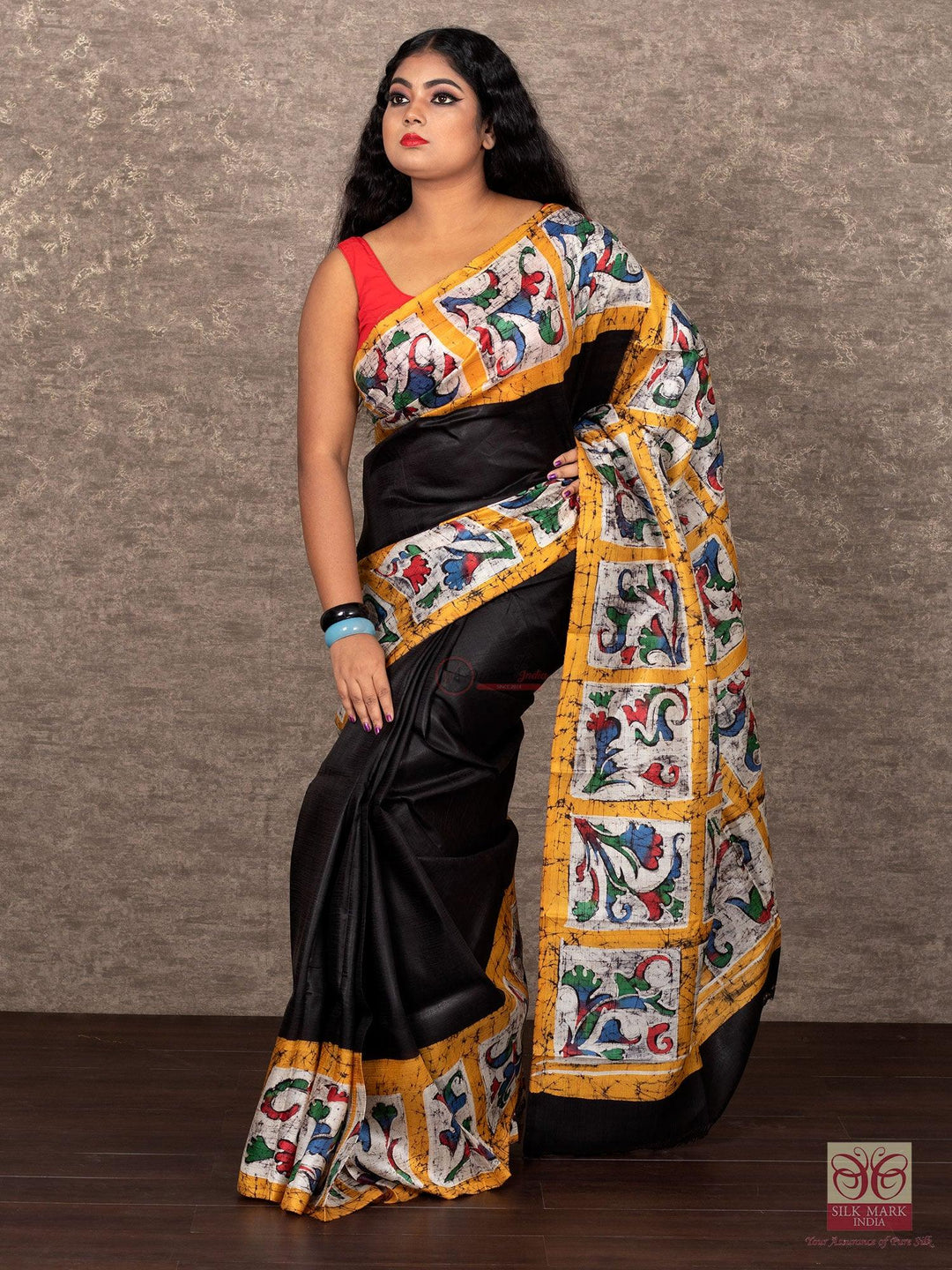 Half Half Hand Batik Printed Murshidabad Silk Saree - WeaversIndia