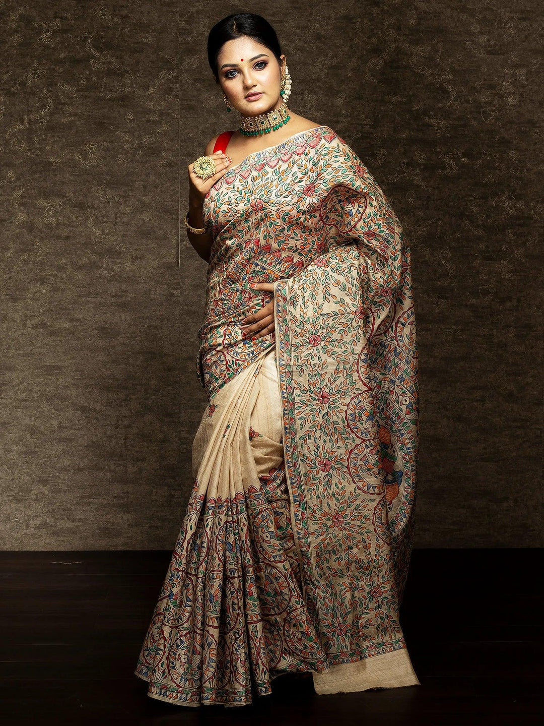 Half Half Hand Painted Madhubani Tussar Silk Saree - WeaversIndia