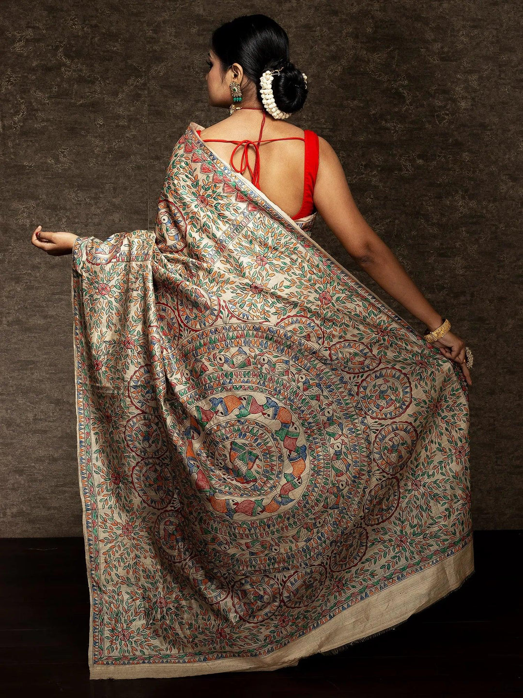 Half Half Hand Painted Madhubani Tussar Silk Saree - WeaversIndia