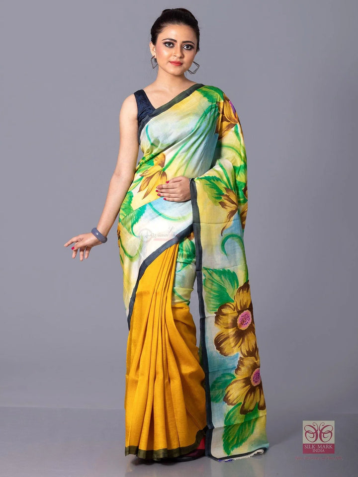 Half Half Hand Painted Murshidabad Silk Saree - WeaversIndia