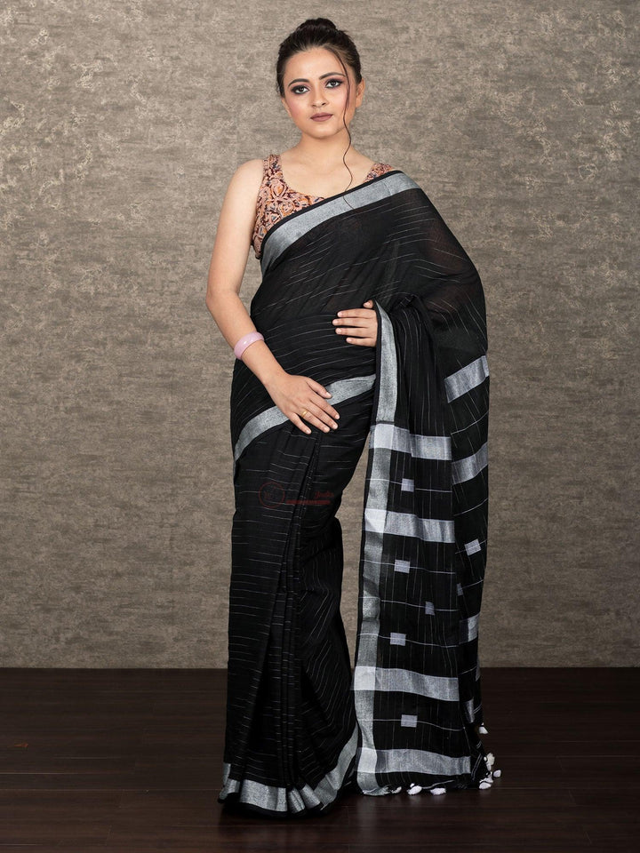 Handwoven Black Box Anchal Khadi Cotton Saree - WeaversIndia