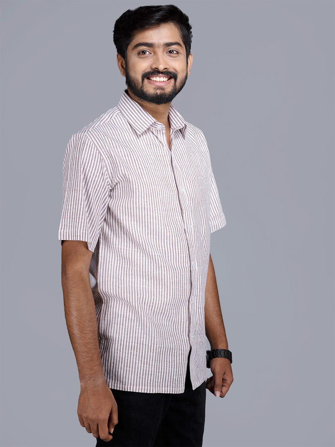 Handwoven Cotton Brown Striped Half Sleeves Men Shirt - WeaversIndia