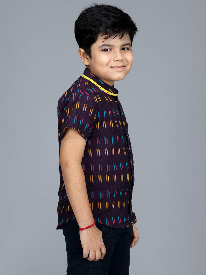Handwoven Cotton Dark Sienna Ikkat Boys Shirt - WeaversIndia