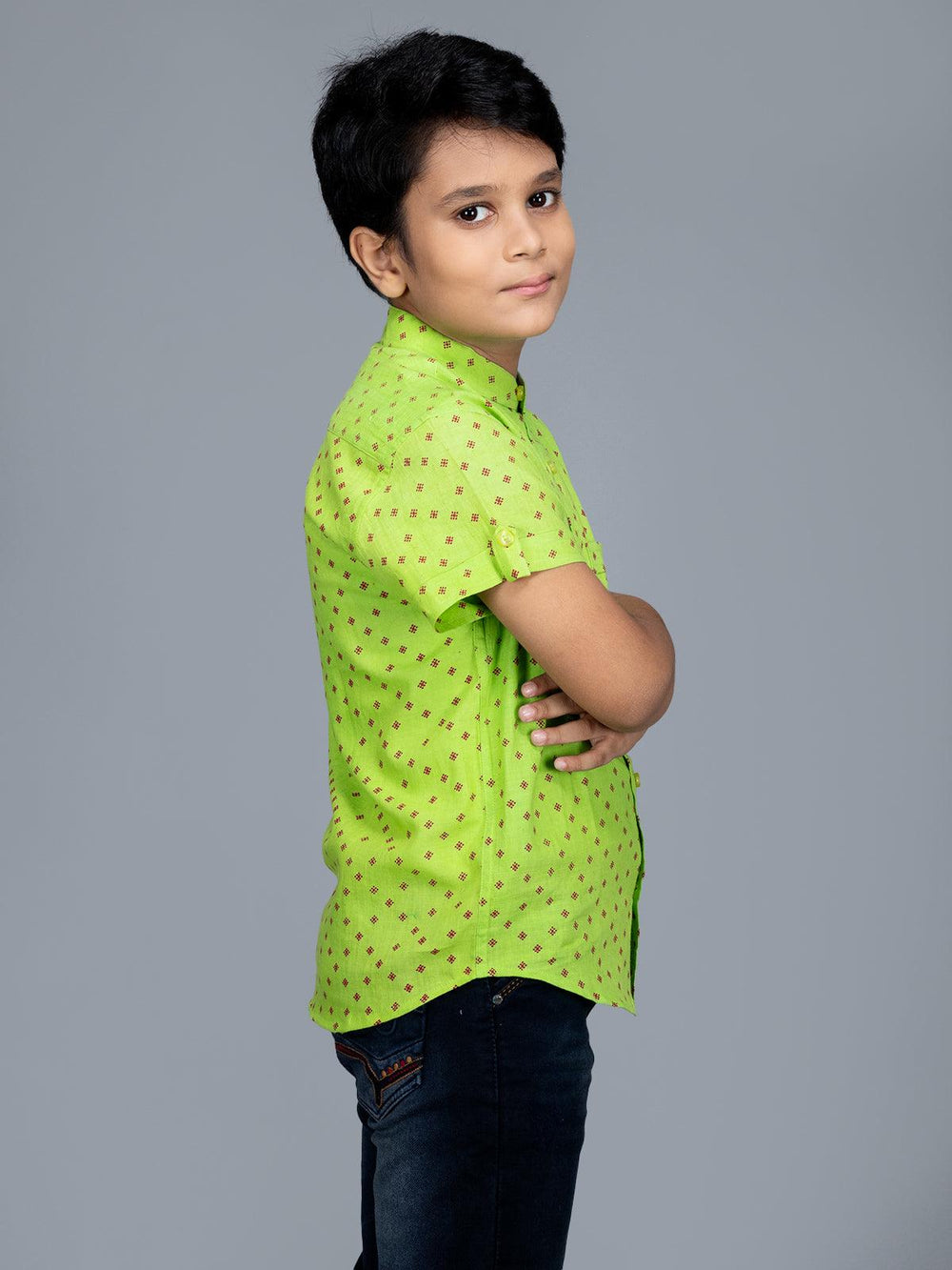Handwoven Cotton Green Printed Boys Shirt - WeaversIndia