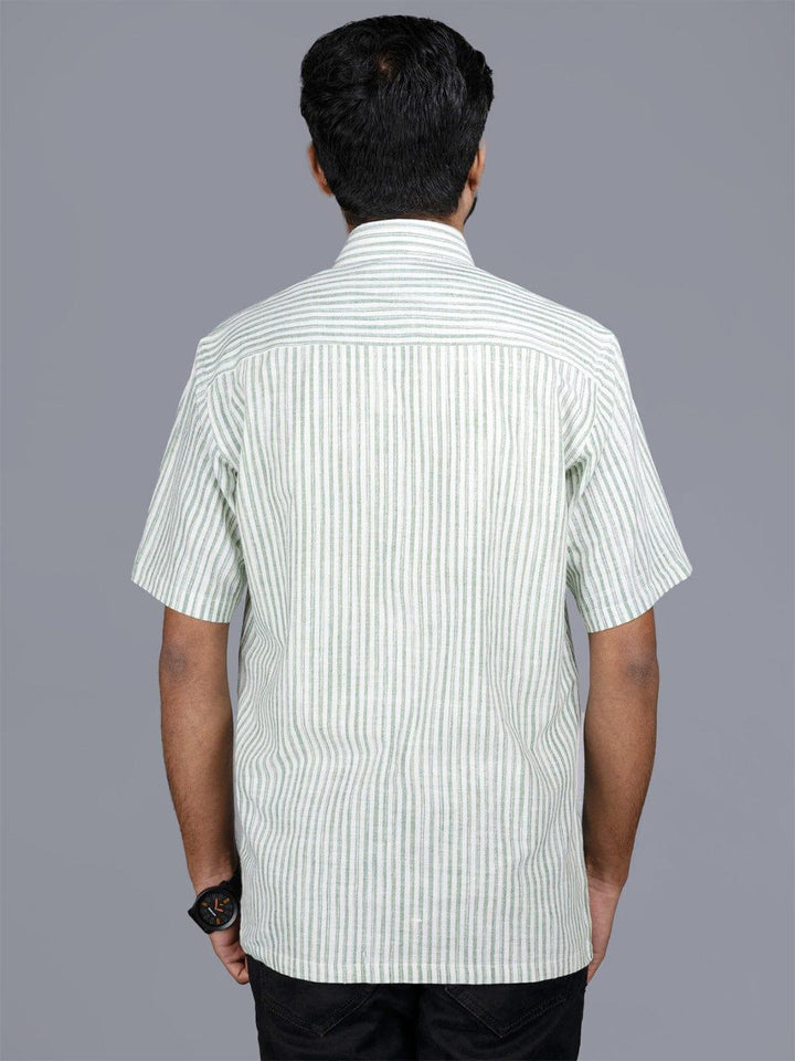Handwoven Cotton Green Stiped Half Sleeves Men Shirt - WeaversIndia