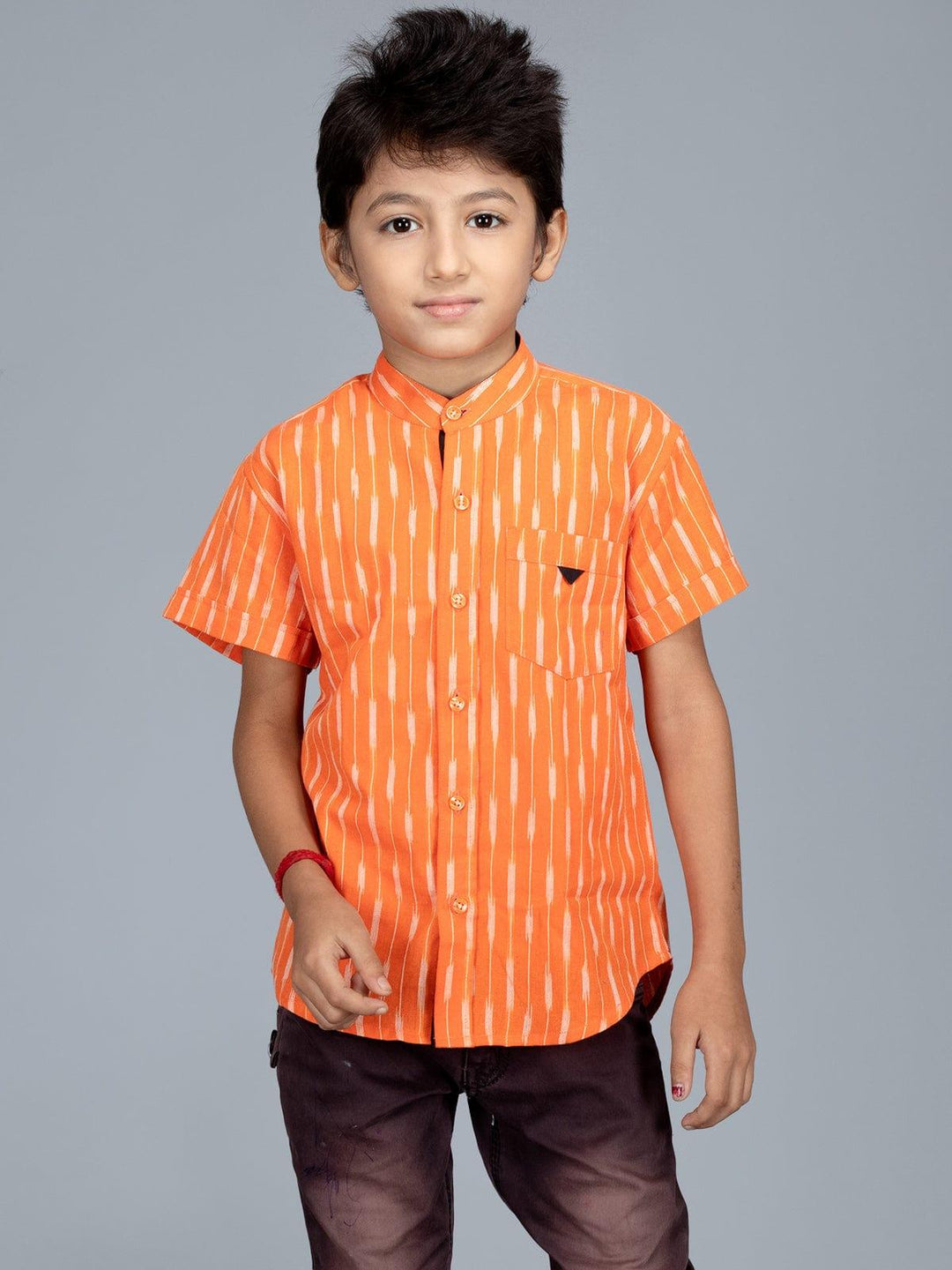 Handwoven Cotton Orange Ikkat Boys Shirt - WeaversIndia