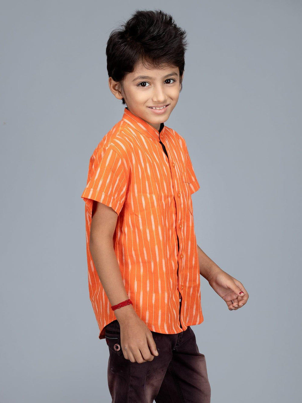 Handwoven Cotton Orange Ikkat Boys Shirt - WeaversIndia