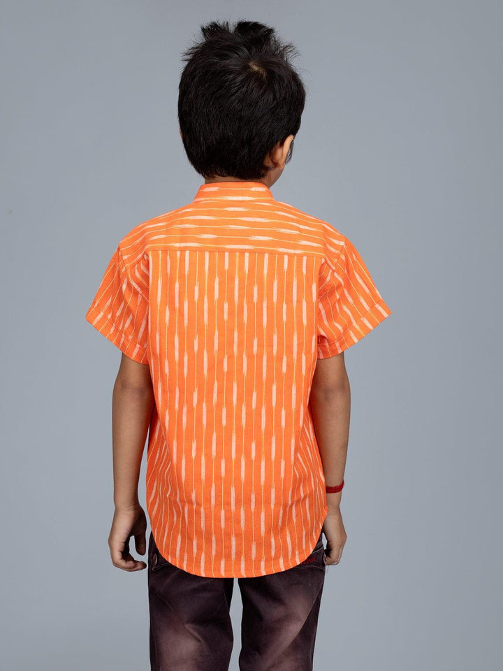 Handwoven Cotton Orange Ikkat Boys Shirt - WeaversIndia