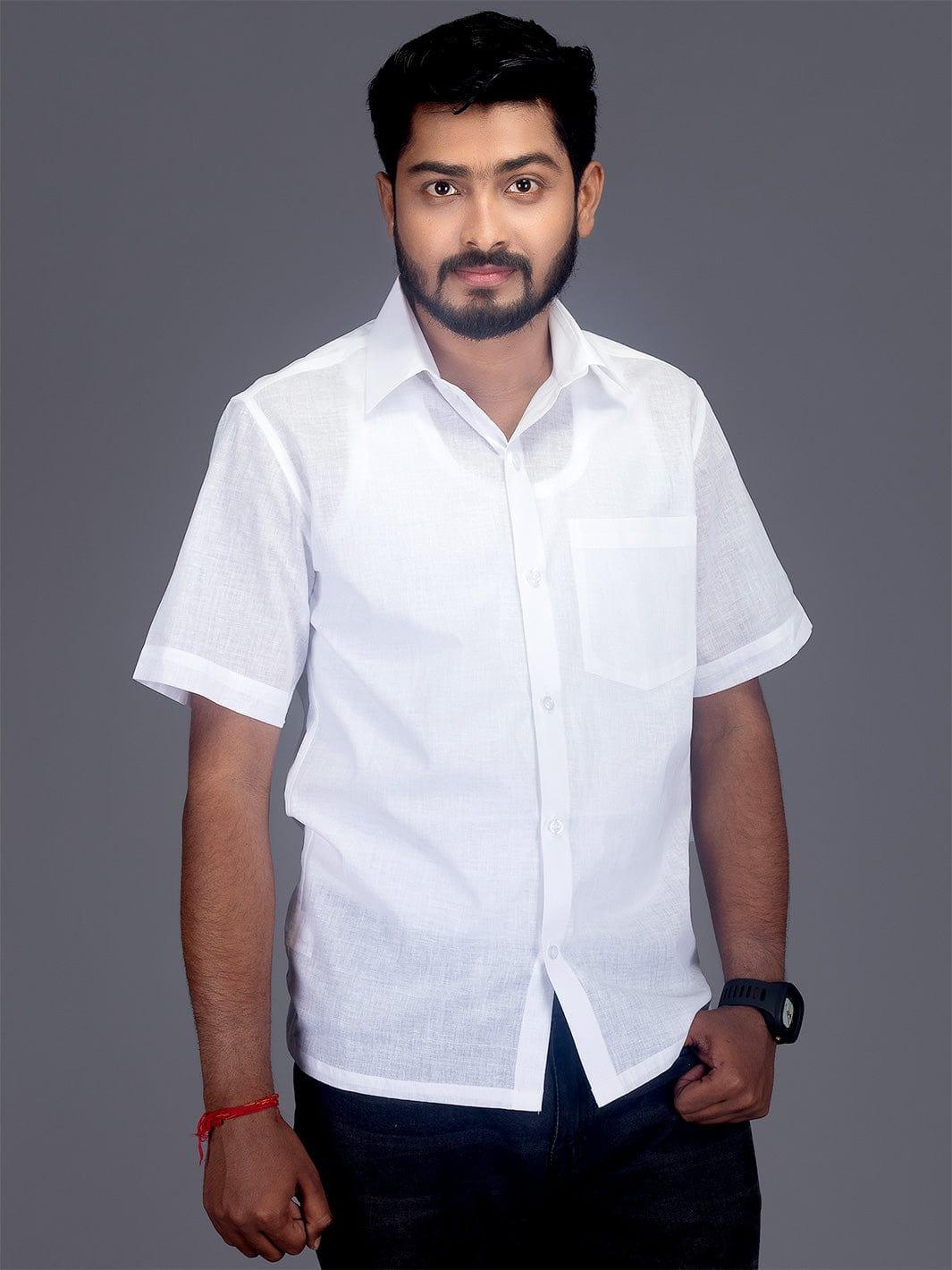 Handwoven Fine Muslin Half Sleeves White Men Shirt - WeaversIndia