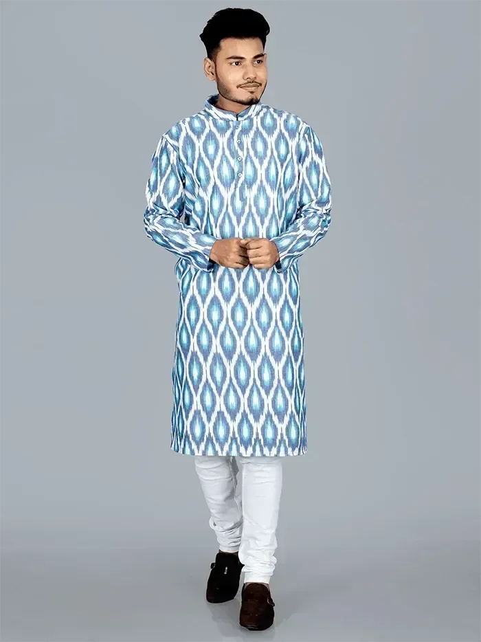 Sky Blue Handwoven Ikkat Cotton Men Kurta - WeaversIndia
