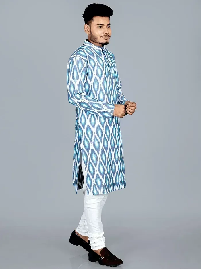 Sky Blue Handwoven Ikkat Cotton Men Kurta - WeaversIndia