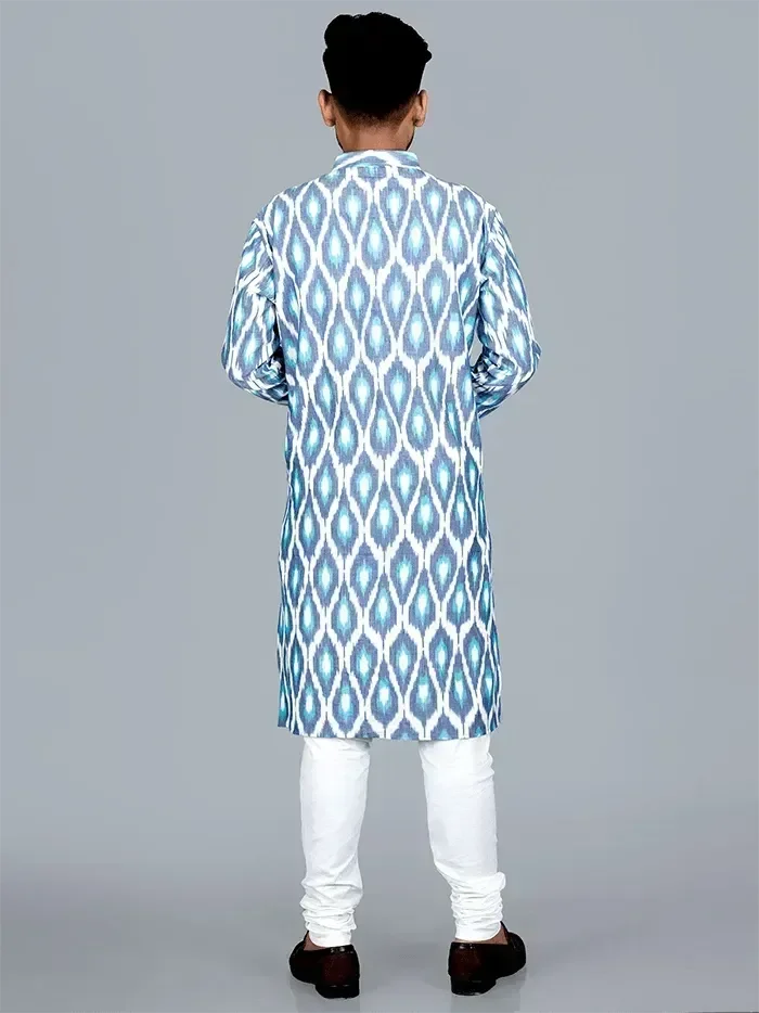 Sky Blue Handwoven Ikkat Cotton Men Kurta - WeaversIndia