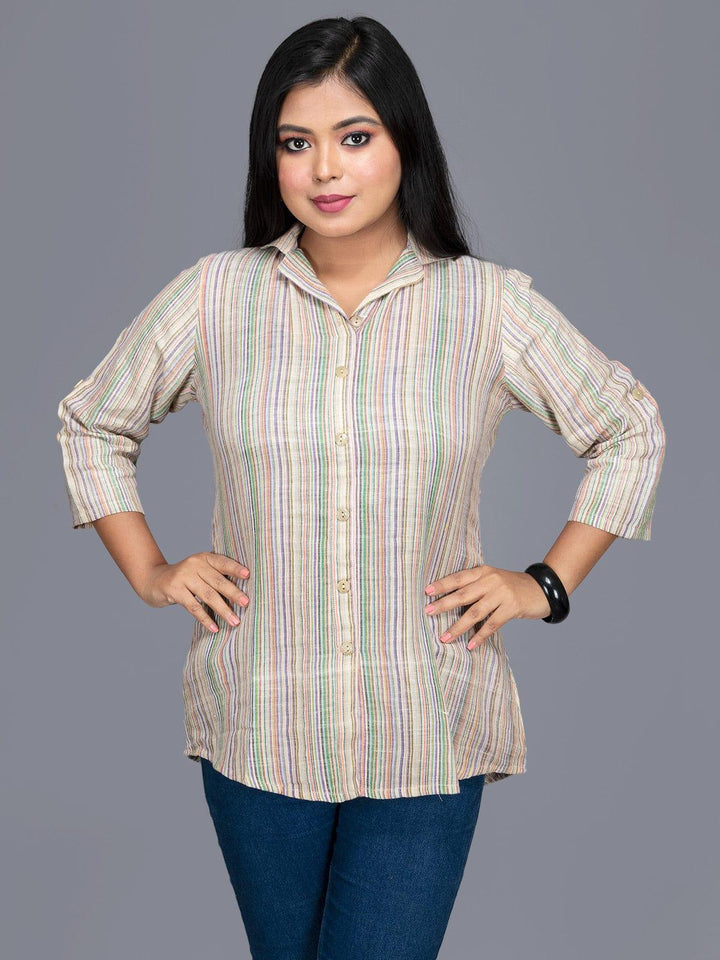 Handwoven Multi Color Striped Cotton Women Shirt - WeaversIndia