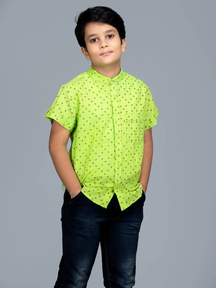 Handwoven Orgqanic Cotton Green Printed Boys Shirt - WeaversIndia