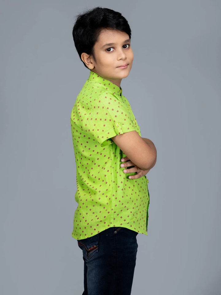 Handwoven Orgqanic Cotton Green Printed Boys Shirt - WeaversIndia