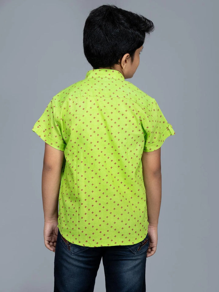 Handwoven Orgqanic Cotton Green Printed Boys Shirt - WeaversIndia