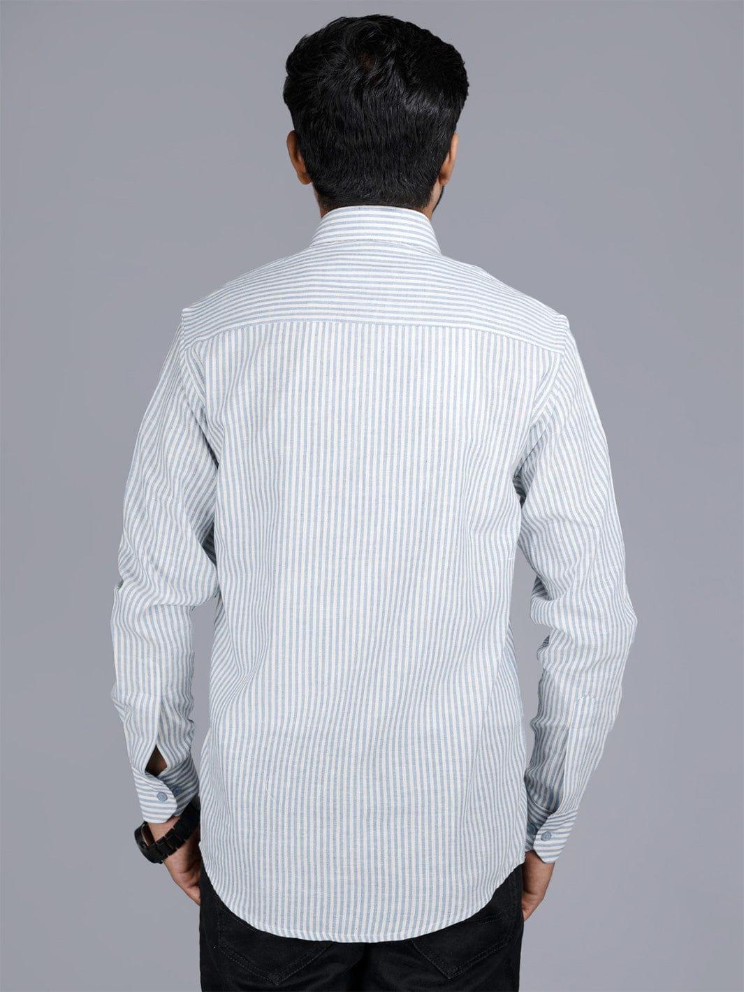 Handwoven Sky Blue Striped Cotton Men Shirt - WeaversIndia