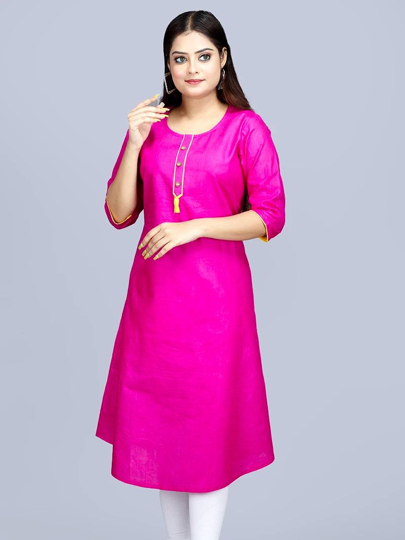 Hot Pink Medium Length Cotton Kurta - WeaversIndia