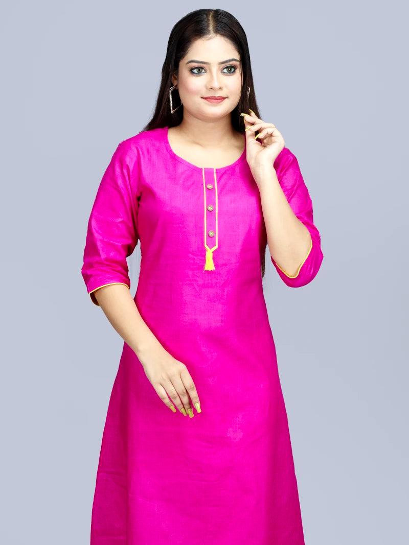 Hot Pink Medium Length Cotton Kurta - WeaversIndia