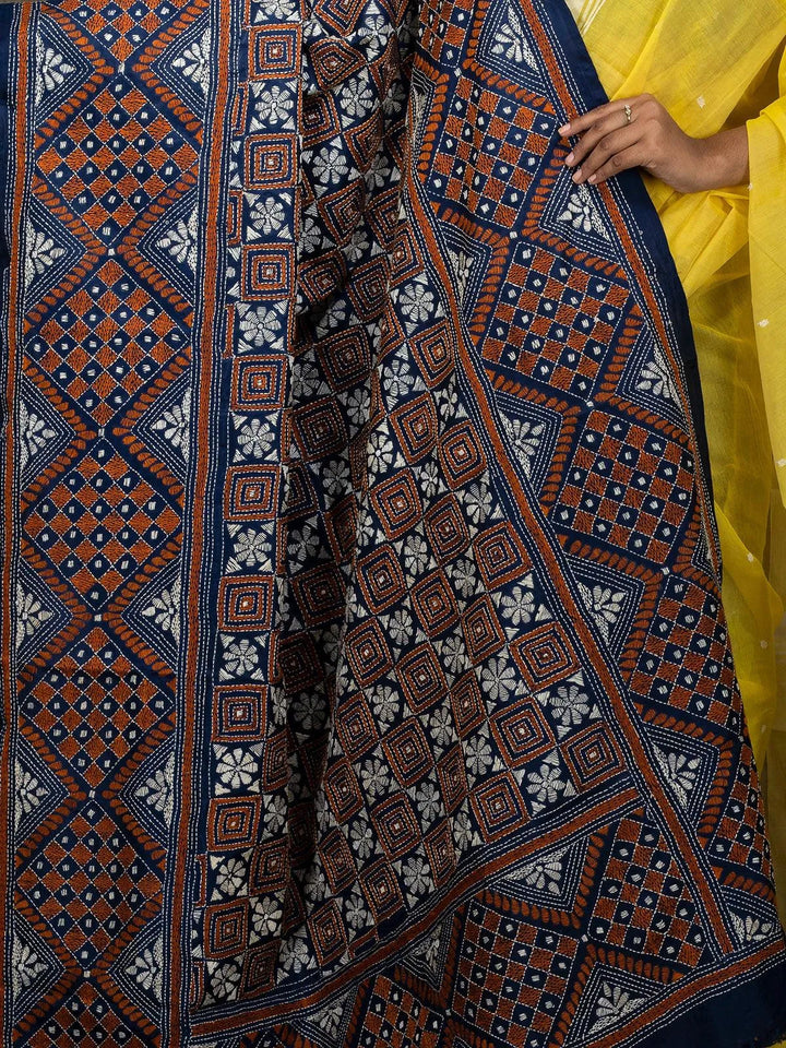 Indigo Bangalore Silk Kantha Stitch Dupatta - WeaversIndia