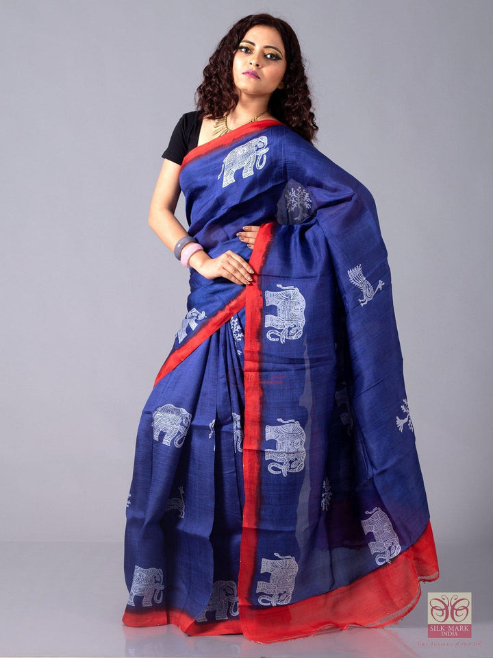Indigo Blue Block Printed Murshidabad Silk Saree - WeaversIndia