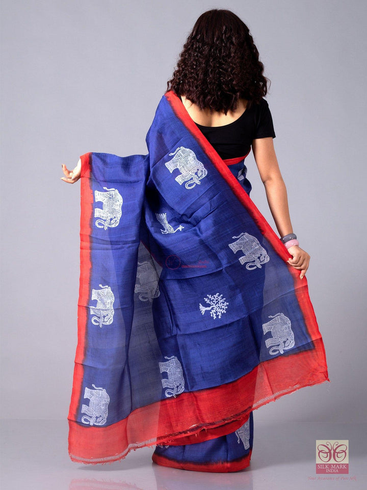 Indigo Blue Block Printed Murshidabad Silk Saree - WeaversIndia