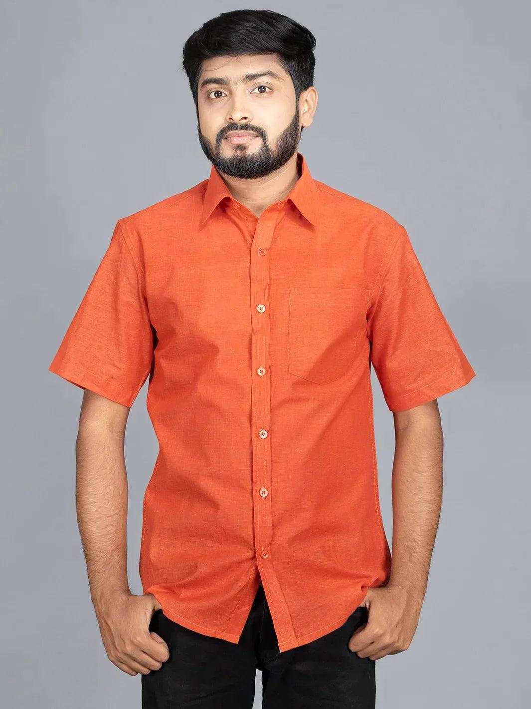 Jaffa Orange Handwoven Organic Cotton Formal Men Shirt - WeaversIndia