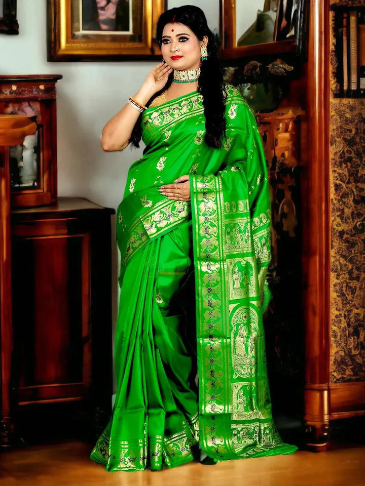 Kelly Green Traditional Swarnachari Silk Saree - WeaversIndia