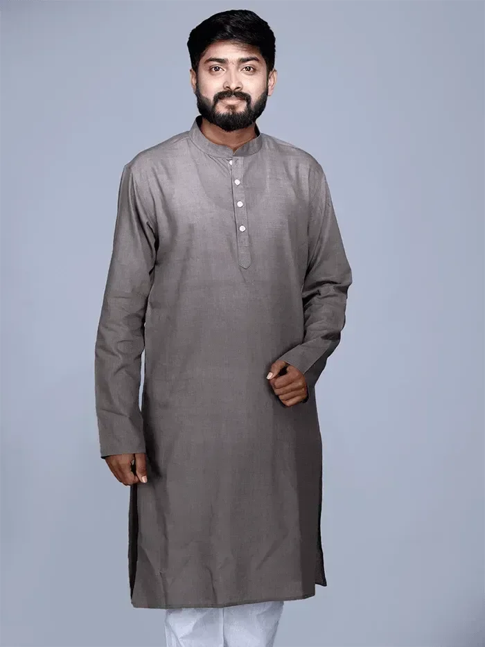 Taupe Grey Organic Cotton Men Kurta - WeaversIndia