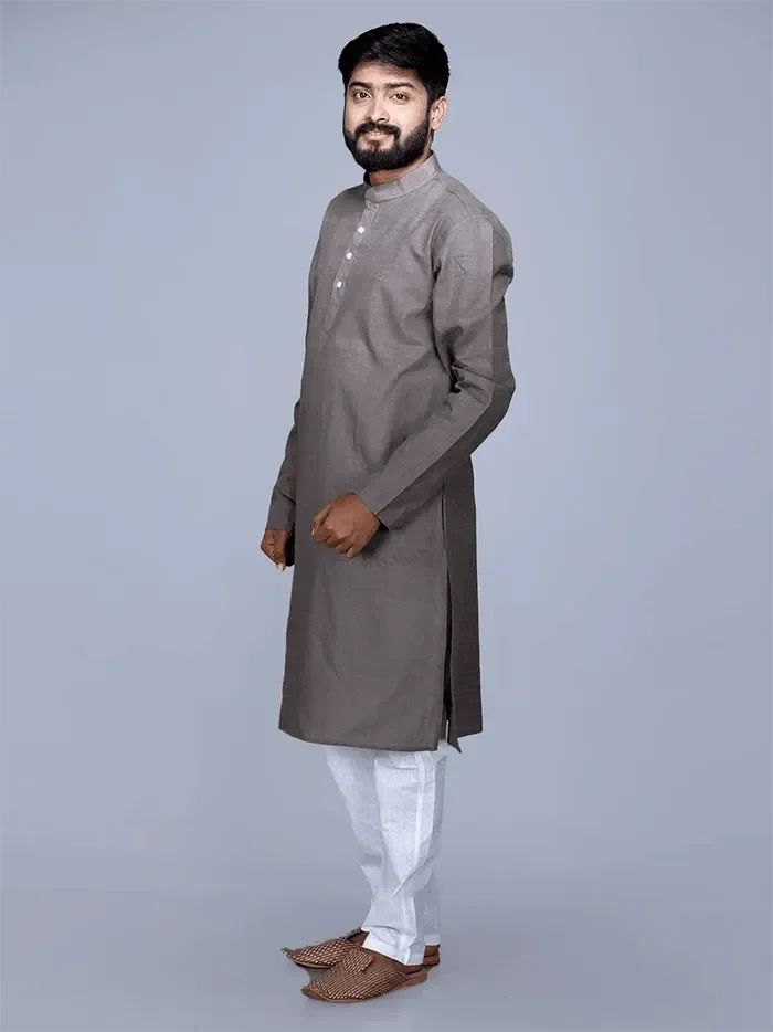 Taupe Grey Organic Cotton Men Kurta - WeaversIndia