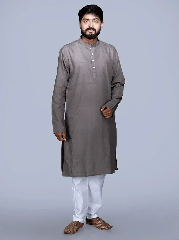 Taupe Grey Organic Cotton Men Kurta - WeaversIndia