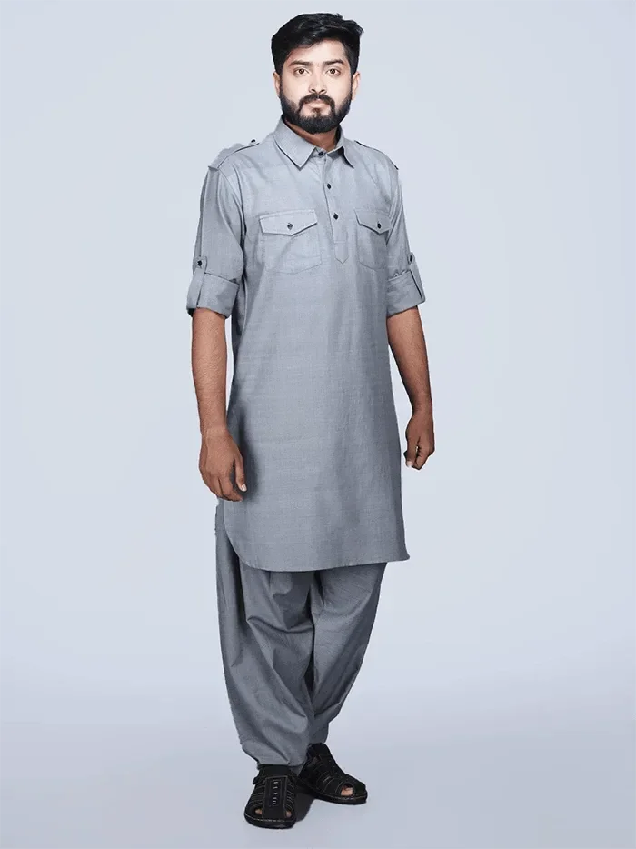 Slate Grey Organic Cotton Men Pathani Kurta Pajama Set - WeaversIndia