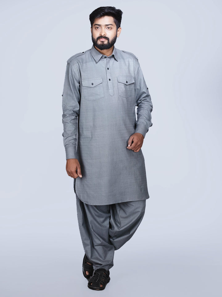 Slate Grey Organic Cotton Men Pathani Kurta Pajama Set