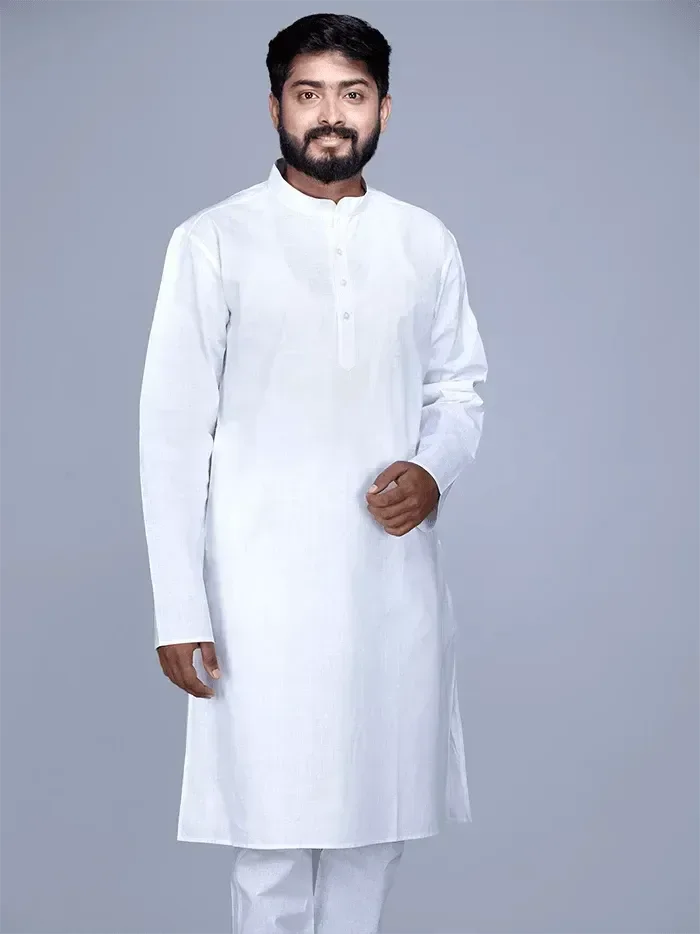 Organic Cotton Full Sleeves White Men Kurta - WeaversIndia