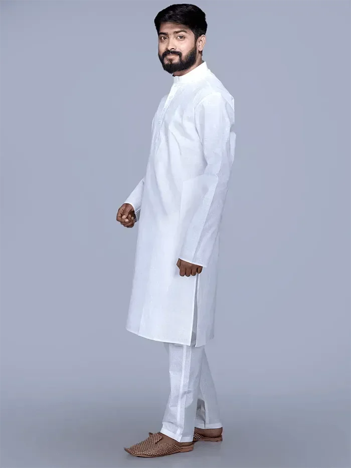 Organic Cotton Full Sleeves White Men Kurta - WeaversIndia
