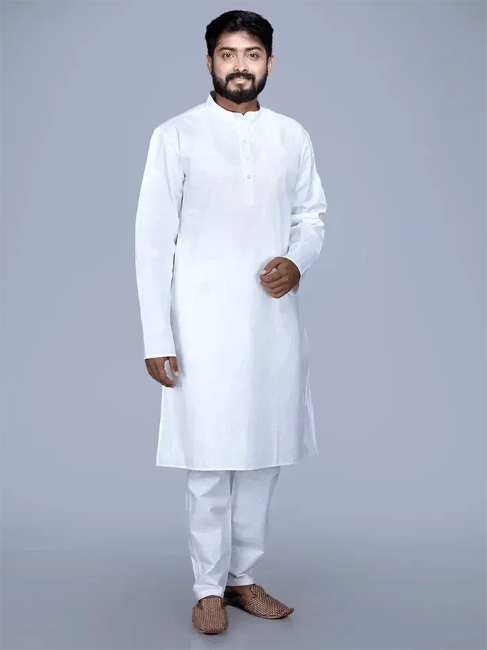 Organic Cotton Full Sleeves White Men Kurta - WeaversIndia