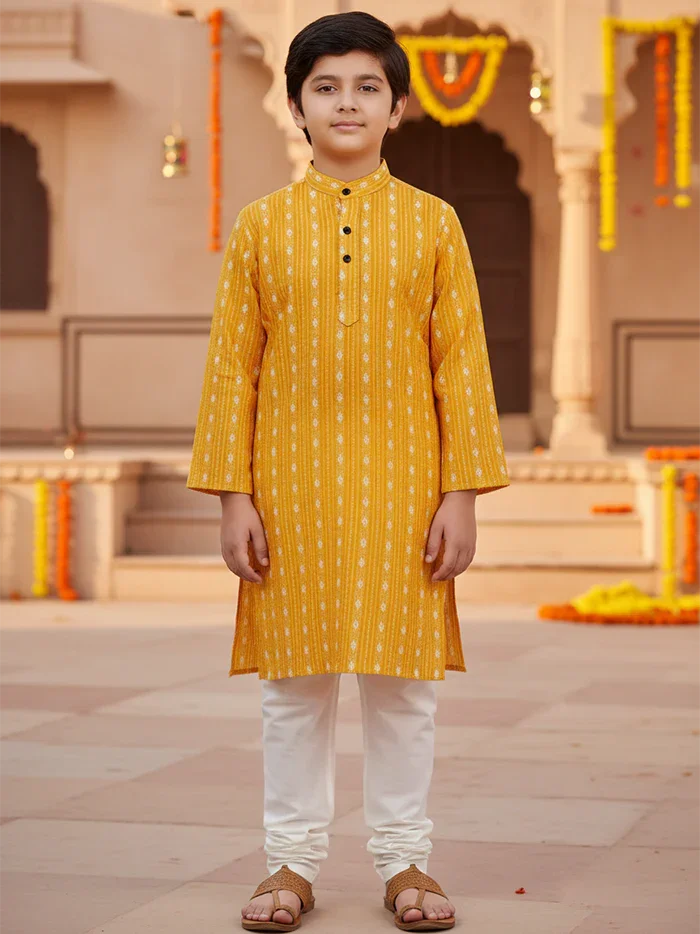 Yellow Cotton Boys Kurta - WeaversIndia