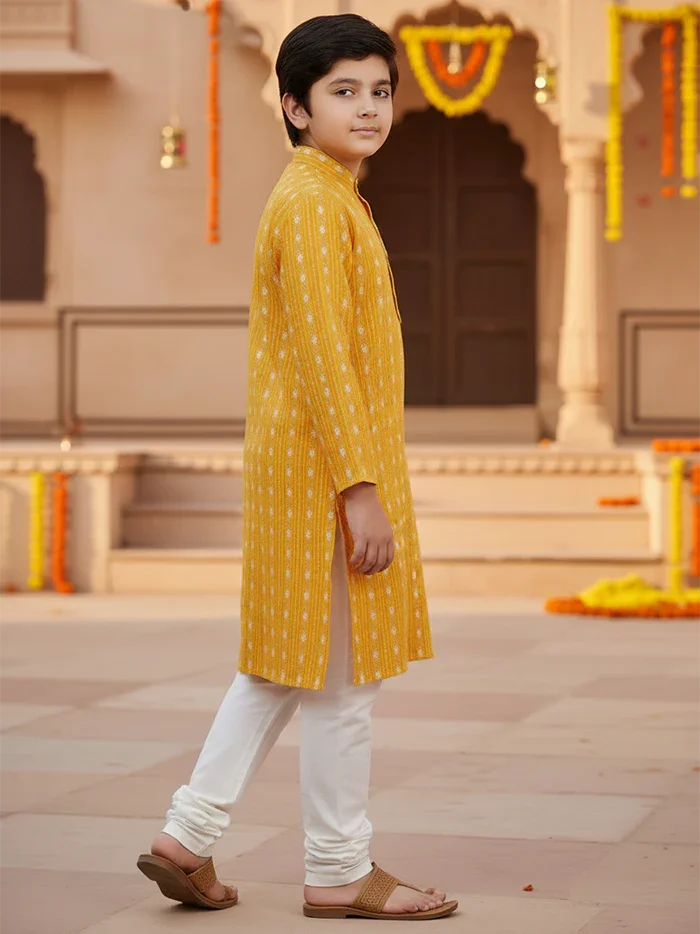 Yellow Cotton Boys Kurta - WeaversIndia