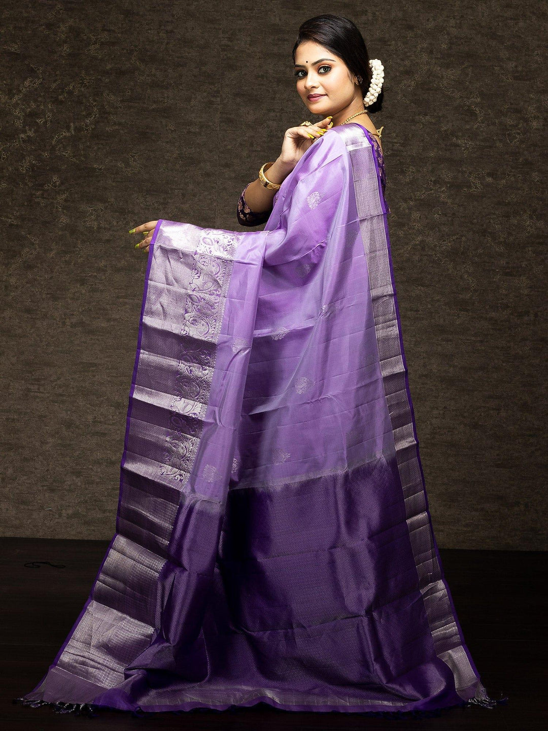 Lavender Blue Silver Jari Kanchipuram Silk Saree - WeaversIndia