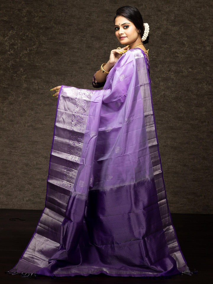 Lavender Blue Silver Jari Kanchipuram Silk Saree - WeaversIndia