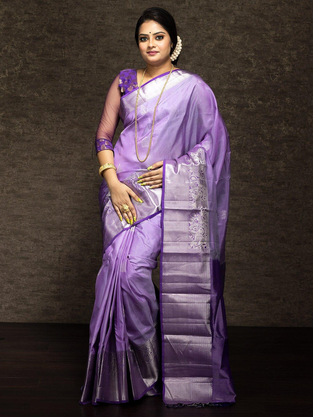 Lavender Blue Silver Jari Kanchipuram Silk Saree - WeaversIndia