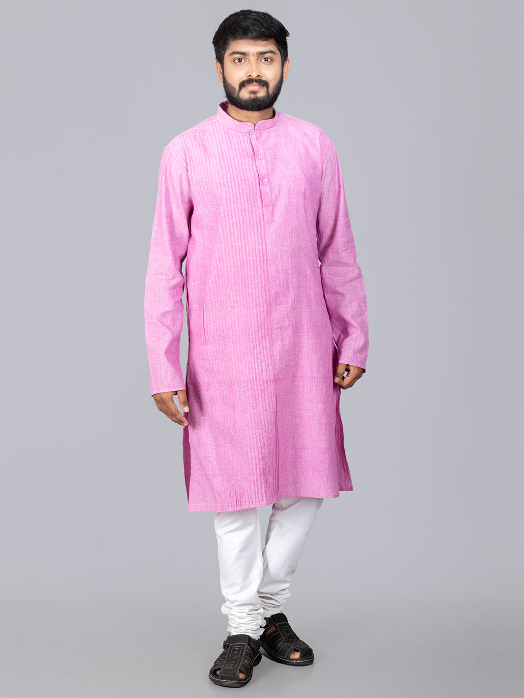Lavender Handwoven Organic Cotton Pintuck Men kurta - WeaversIndia