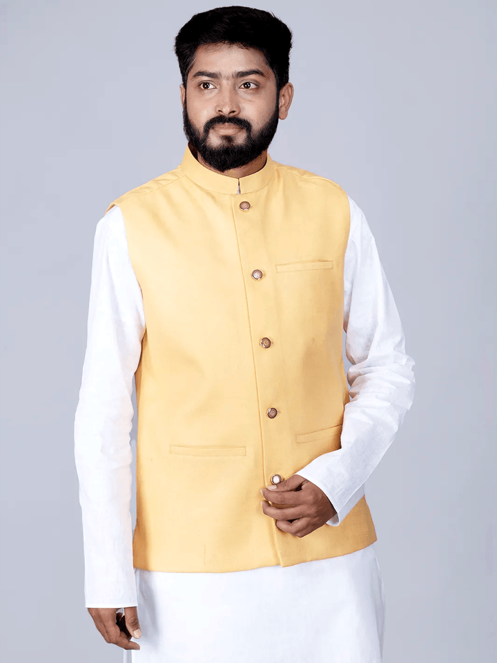 Lemon Chiffon Handwoven Cotton Modi Jacket - WeaversIndia