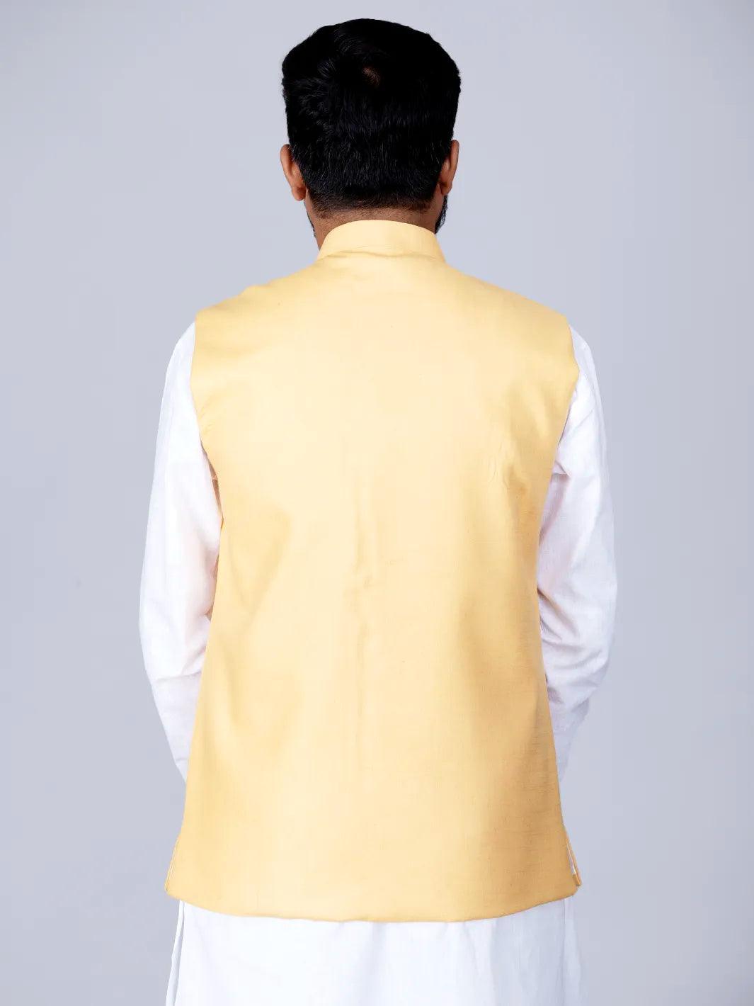 Lemon Chiffon Handwoven Cotton Modi Jacket - WeaversIndia