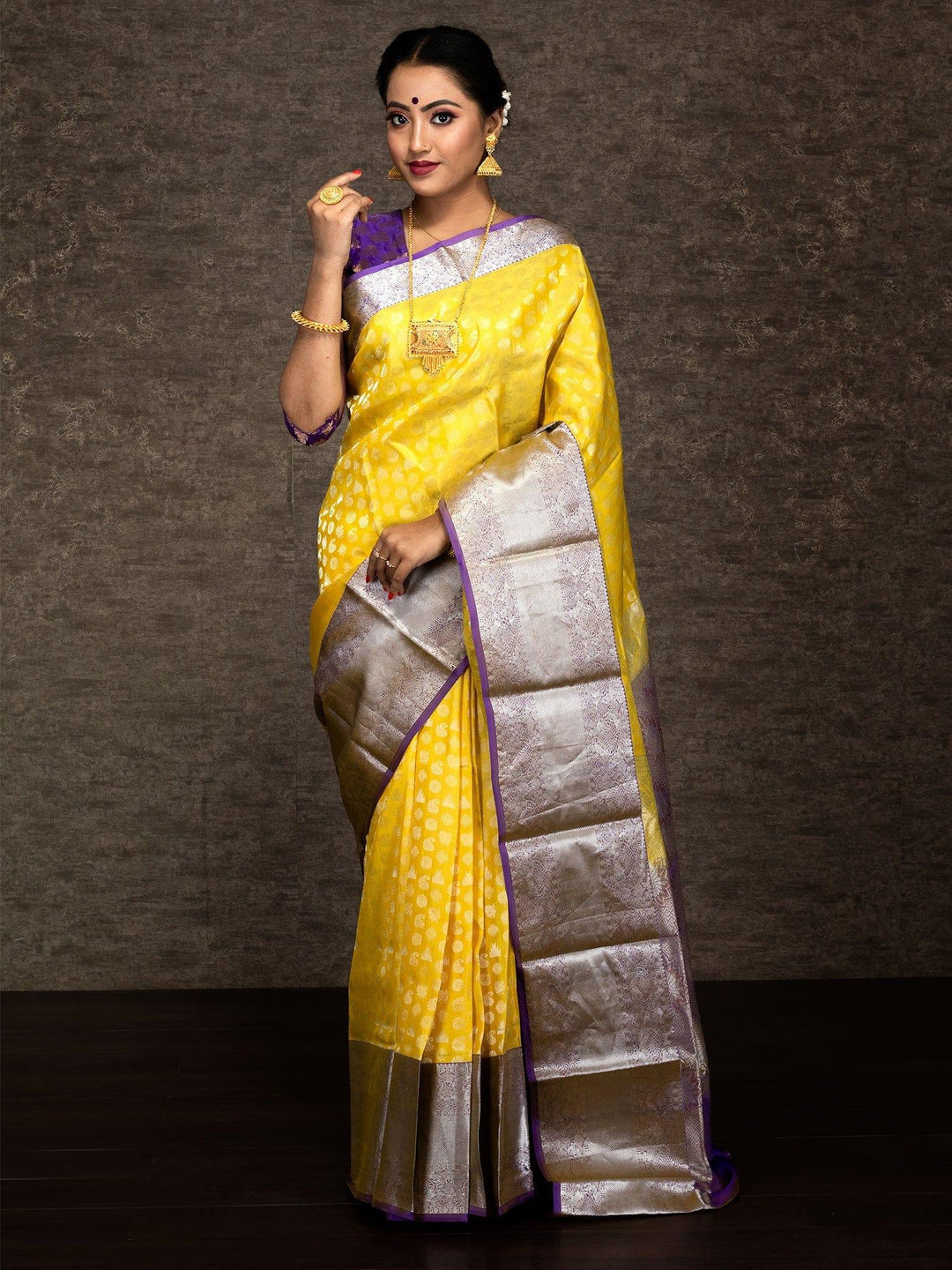 Lemon Yellow Designer Kanjivaram Silk Saree - WeaversIndia
