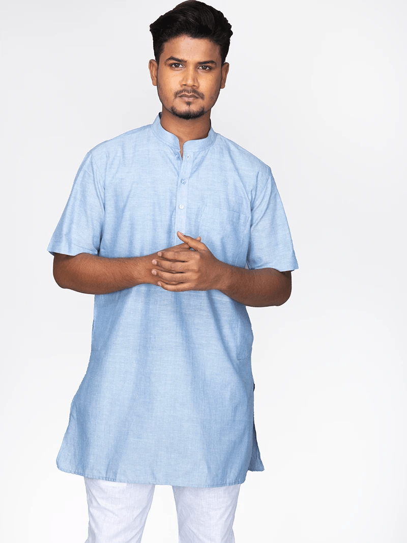 Light Blue Handwoven Organic Cotton Men Kurta - WeaversIndia