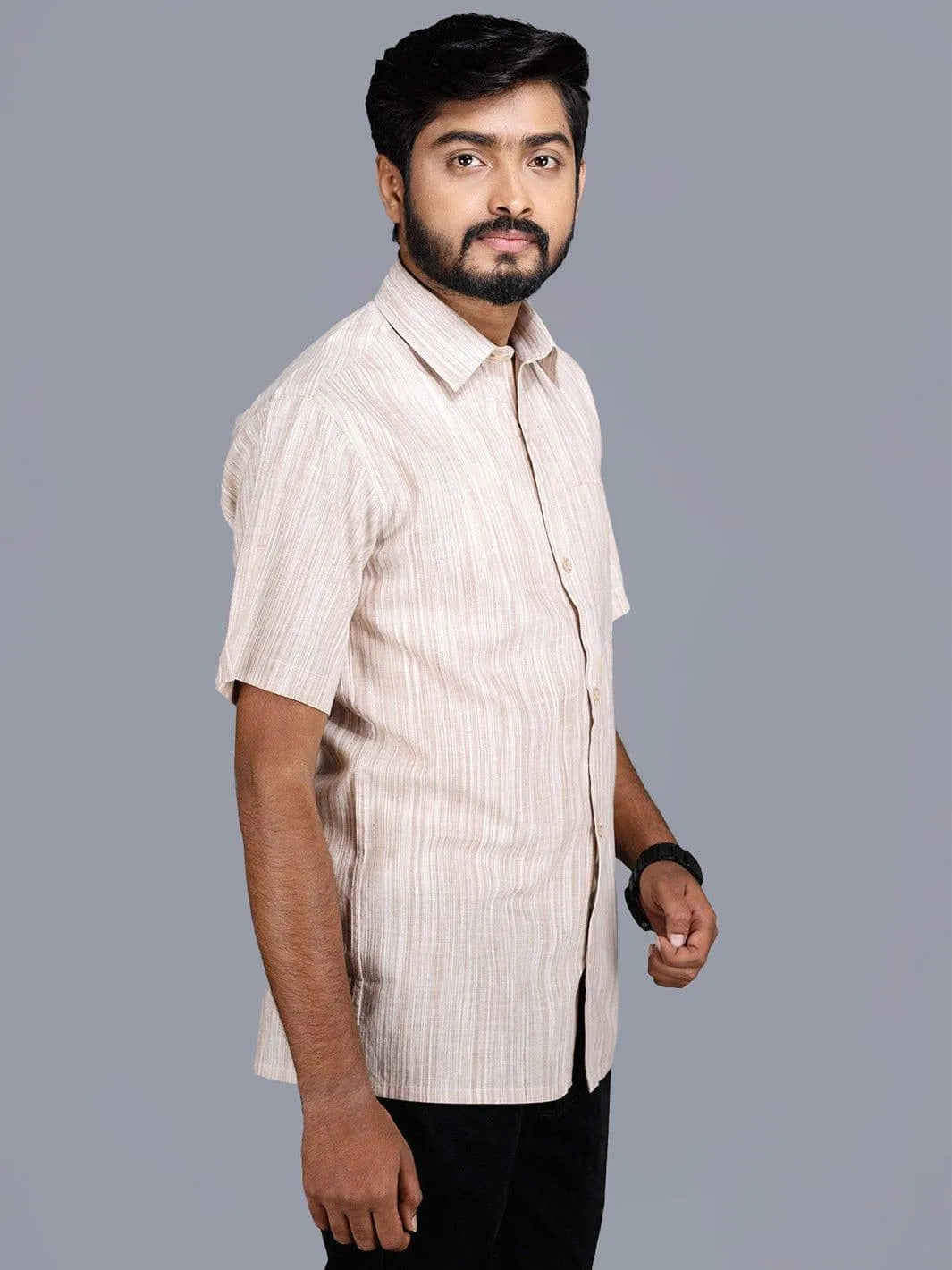 Light Brown Springs Handwoven Cotton Men Shirt - WeaversIndia